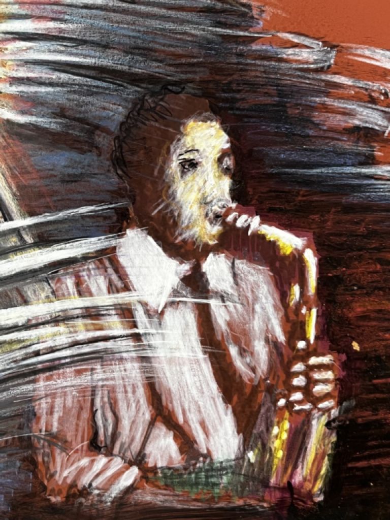 Abstract ART Saxophone original signed Simon Presley ca. 70 x 52 cm framed