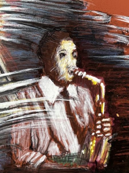 Abstract ART Saxophone original signed Simon Presley ca. 70 x 52 cm framed