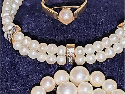 Akoya Perlen-Schmuck-Set Halskette, Armband und Ring mit Sterling Silver und 8 K Gold