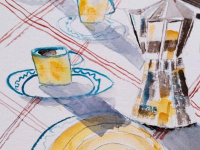 Aquarell Café und Ensaimada