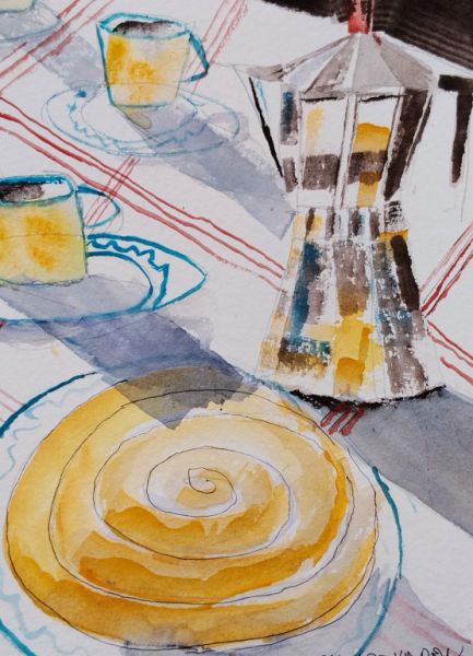 Aquarell Café und Ensaimada