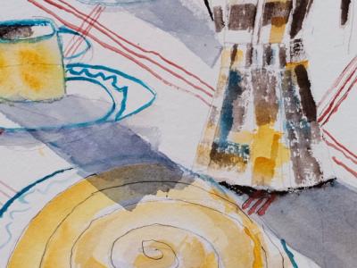 Aquarell Café und Ensaimada