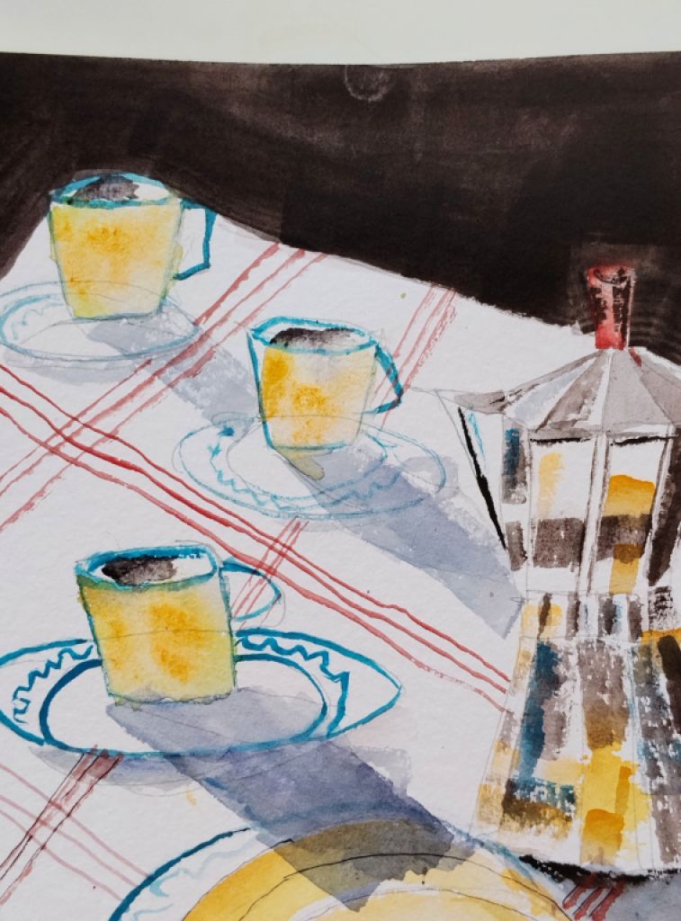 Aquarell Café und Ensaimada