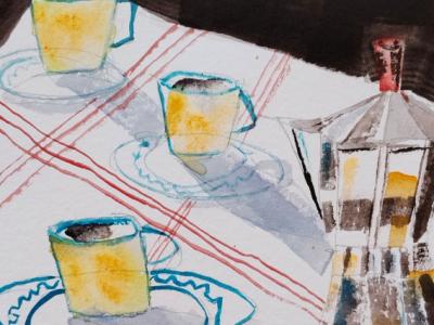 Aquarell Café und Ensaimada