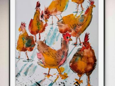 Acuarela de gallinas libres