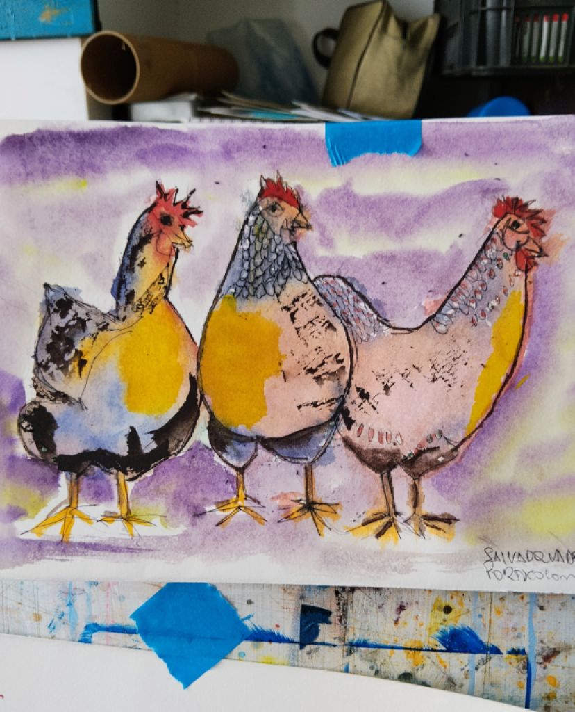 Acuarela de gallinas sobre papel