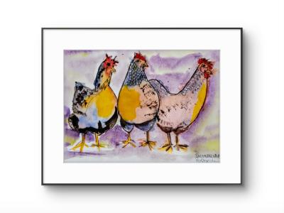 Acuarela de gallinas sobre papel
