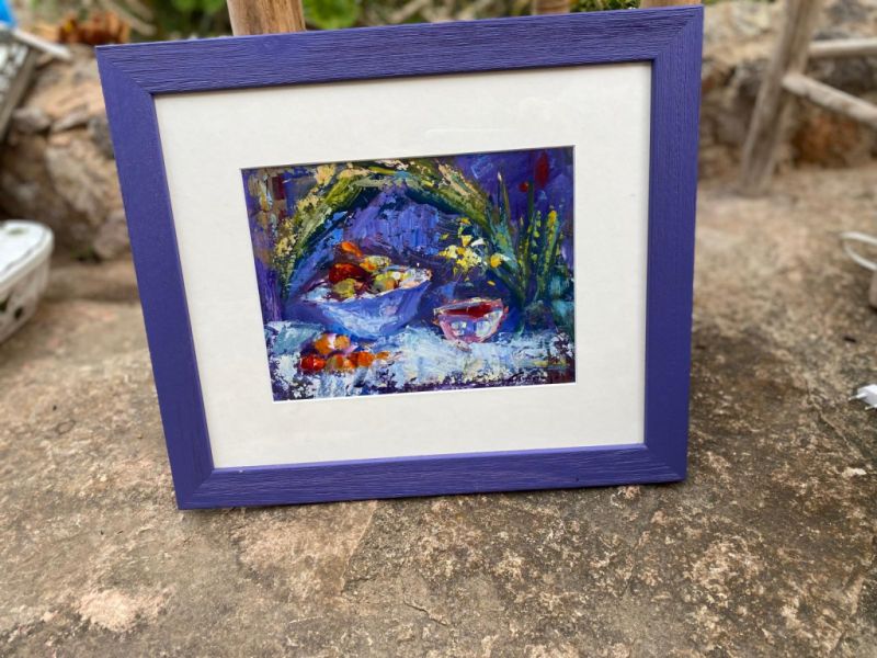 Small picture, motif: fruit basket, blue wooden frame