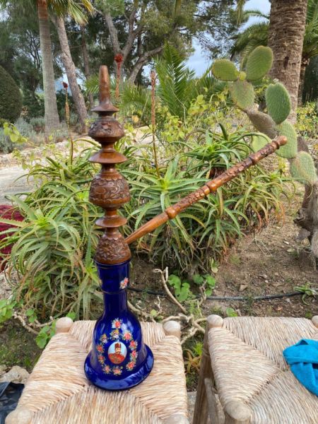 DECORACIÓN pipa de opio antigua madera porcelana pintada