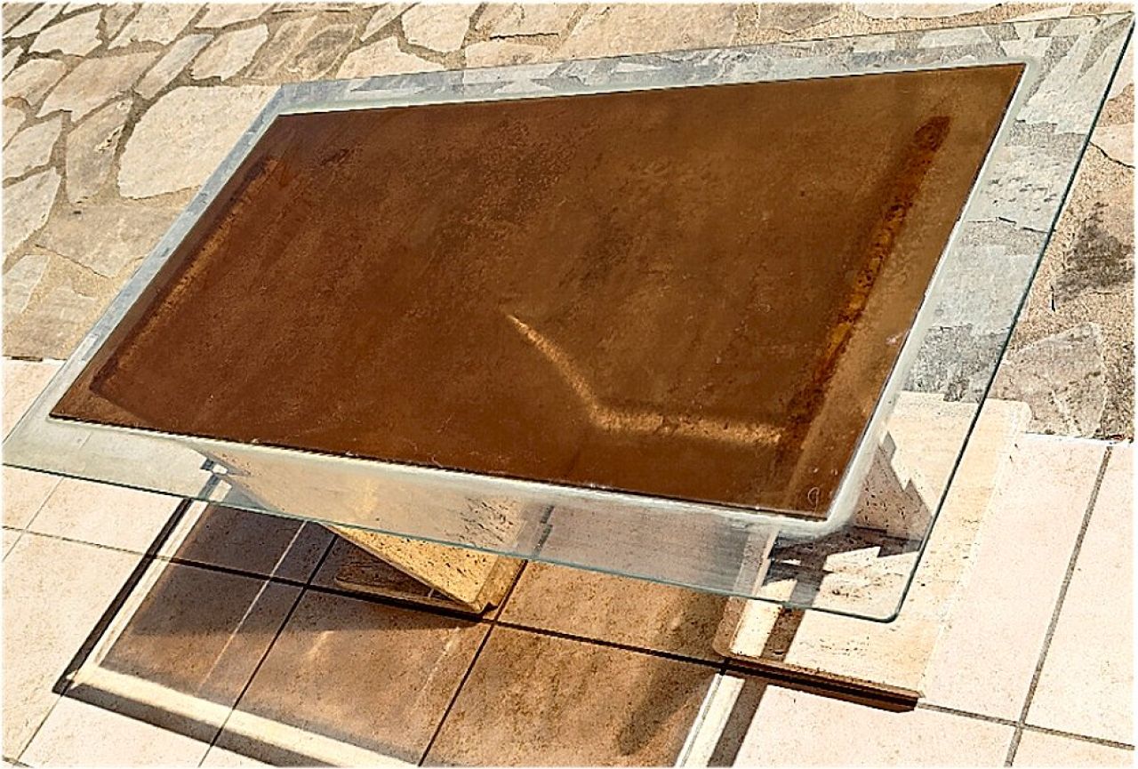 Mesa de centro de diseño 70/80 posmoderna – Hormigón y vidrio ahumado – Diseño 3 en 1