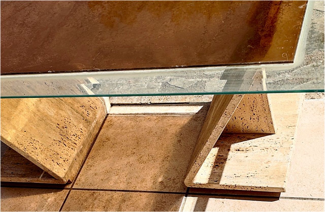 Mesa de centro de diseño 70/80 posmoderna – Hormigón y vidrio ahumado – Diseño 3 en 1