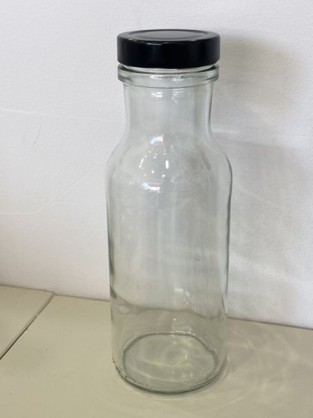 Bottles for juice, glass.