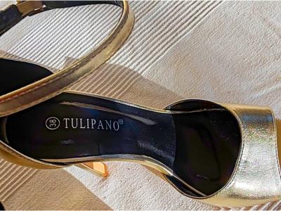Gold high-heel platform sandals by Tulipano, size 38, like new