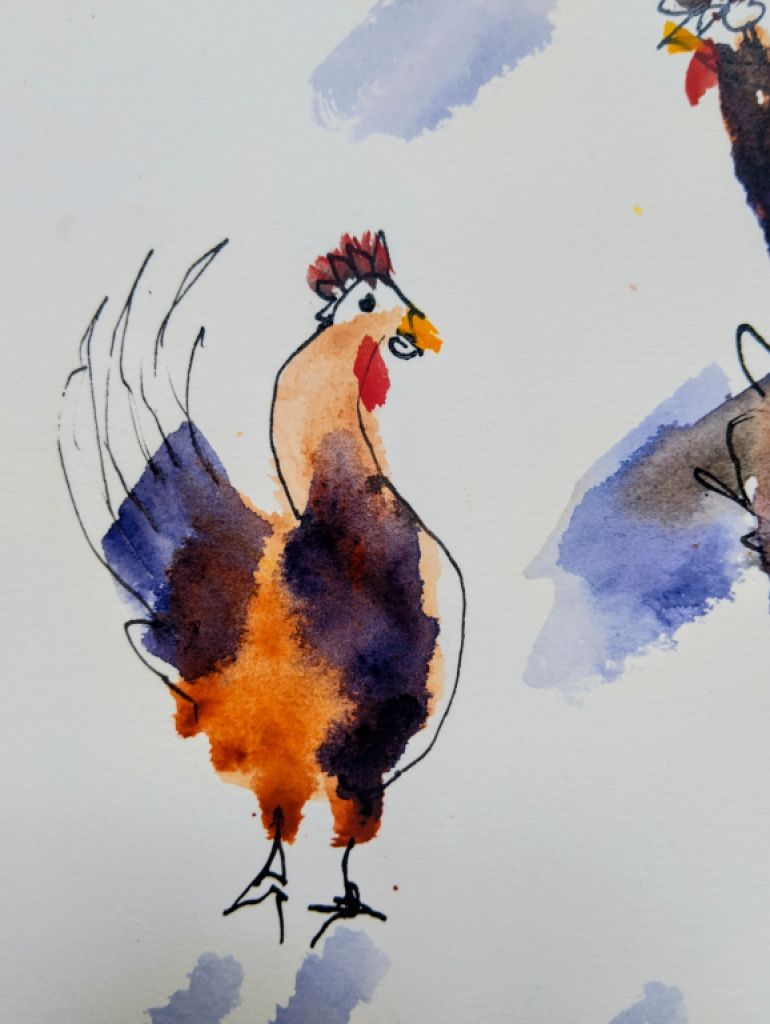 Grupo de gallinas en acuarela sobre papel