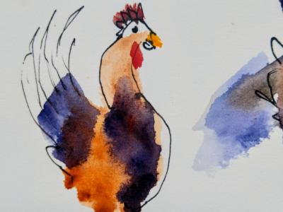 Grupo de gallinas en acuarela sobre papel