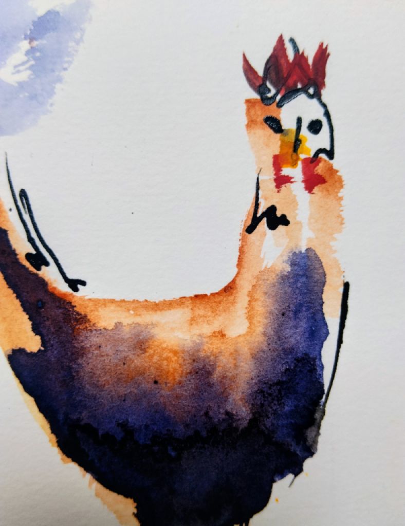 Grupo de gallinas en acuarela sobre papel