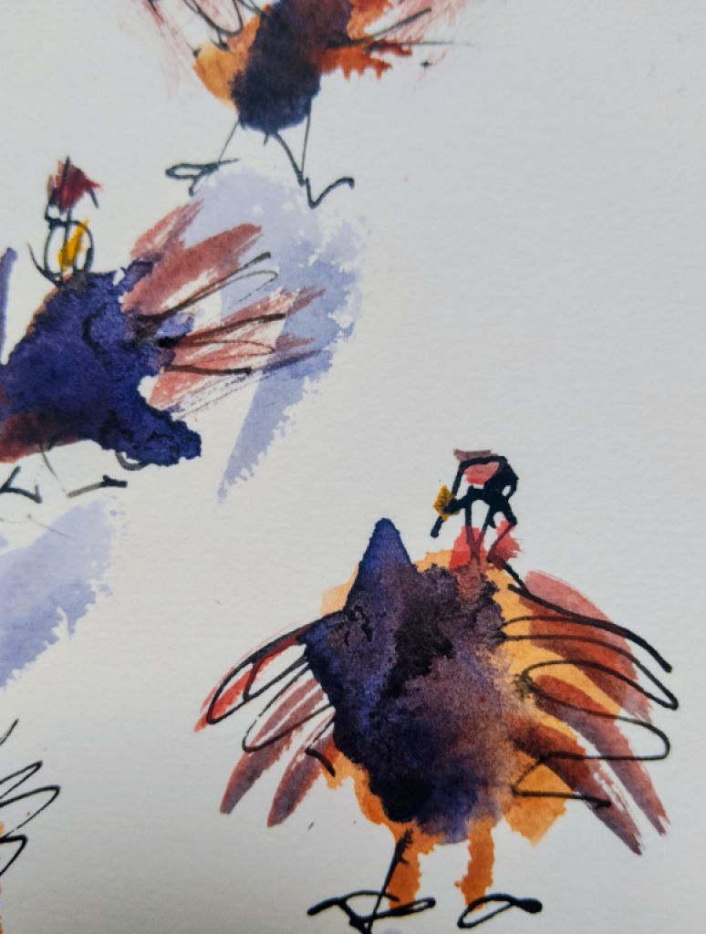 Grupo de gallinas en acuarela sobre papel