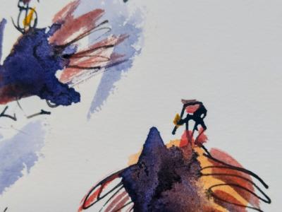 Grupo de gallinas en acuarela sobre papel