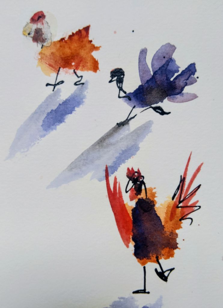 Grupo de gallinas en acuarela sobre papel