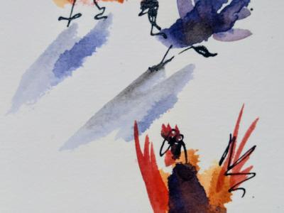 Grupo de gallinas en acuarela sobre papel
