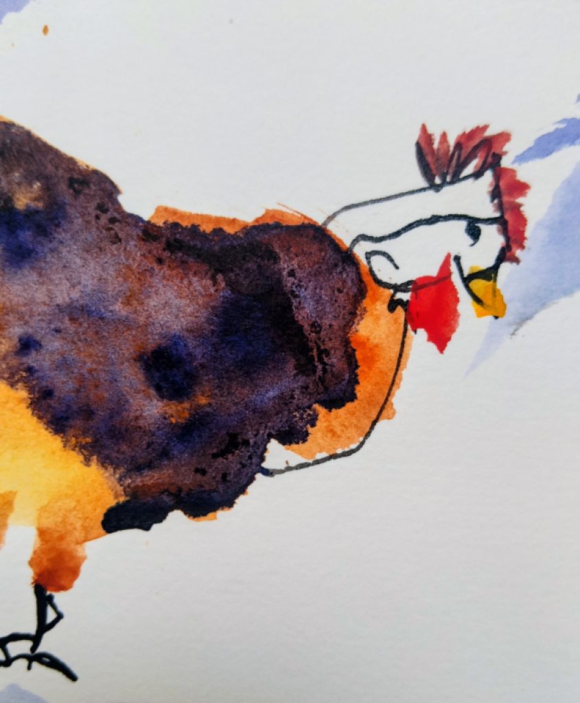 Grupo de gallinas en acuarela sobre papel