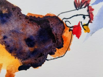 Grupo de gallinas en acuarela sobre papel