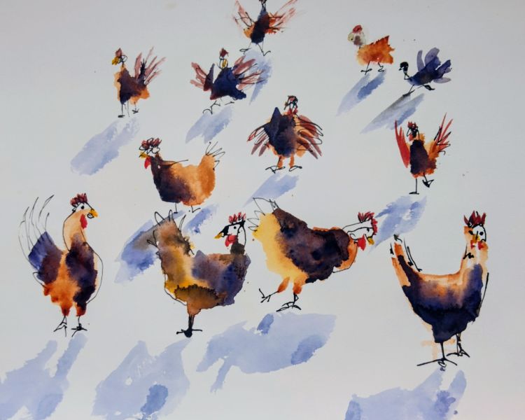 Grupo de gallinas en acuarela sobre papel