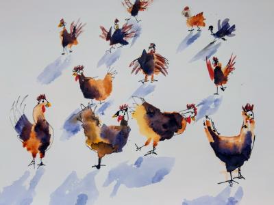 Grupo de gallinas en acuarela sobre papel