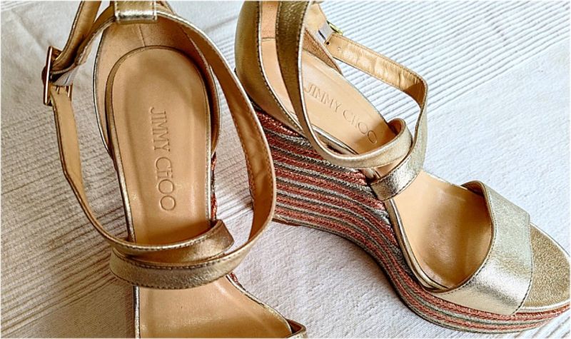 JIMMY CHOO Portia 120 Keilsandale aus Metallic-Leder, Größe 38
