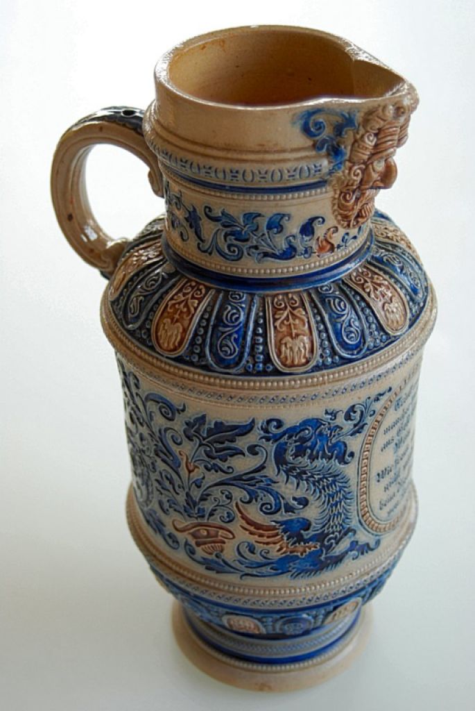 Jarra de vino de cerámica - jarra de cerveza, jarra antigua para servir azul alrededor de 1880 - His