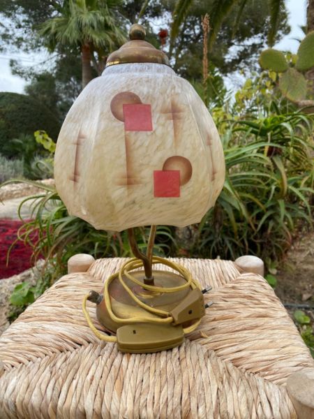 Antique brass lamp with painted glass shade