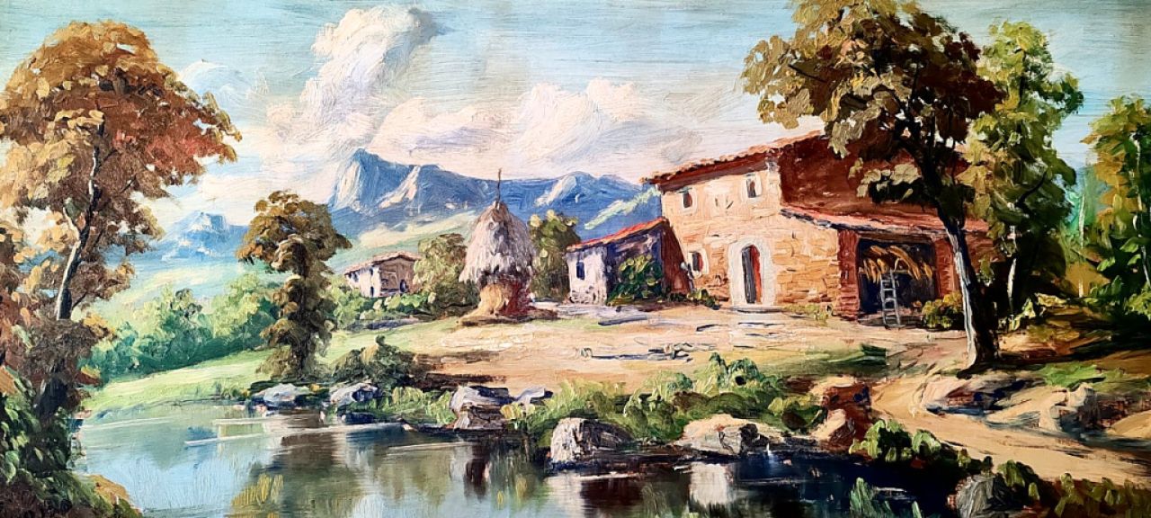 pintura de paisajes, arte mediterráneo, óleo sobre madera,