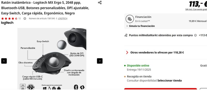 Logitech MX Ergo Kabellose Ergonomische Trackball-Maus