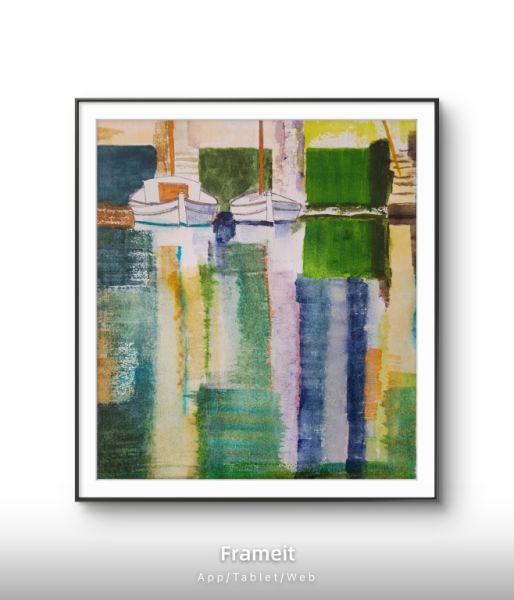 Originales maritimes Aquarell, es Riveto von Portocolom, neues blaues und grünes Papier