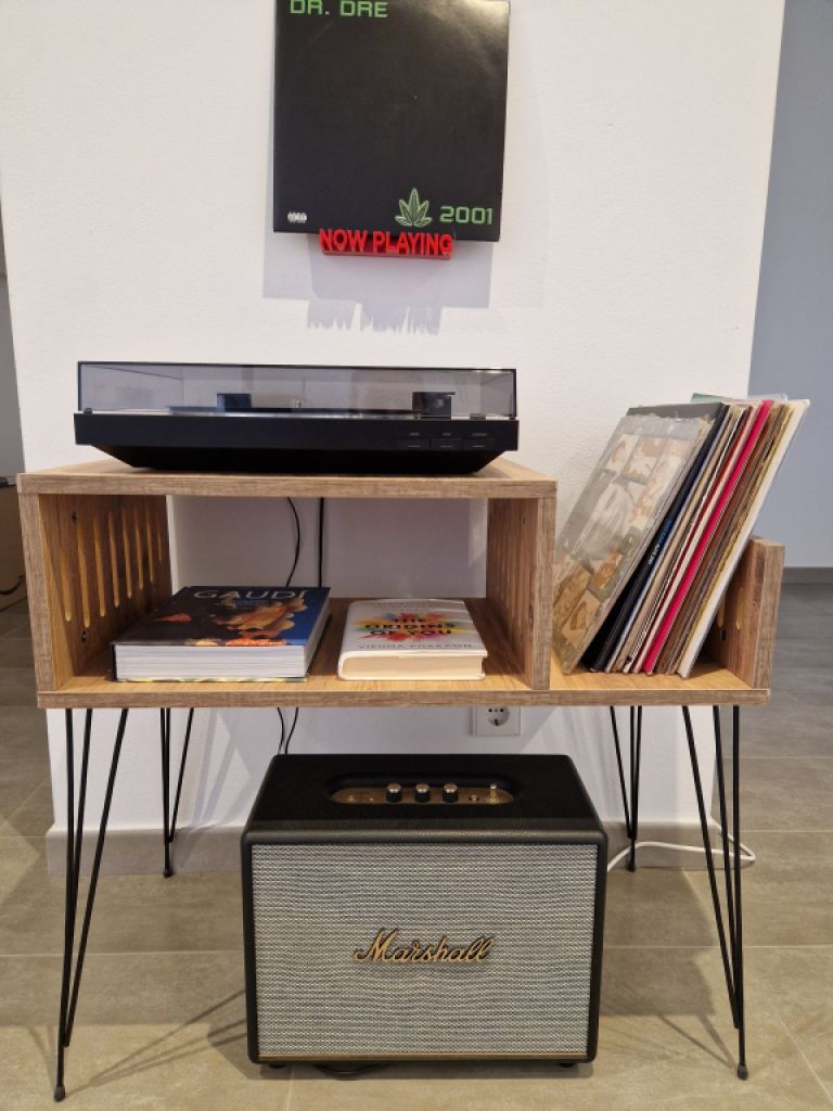 Record player furniture with “hairpin” legs + vinyl storage (Etsy-style)