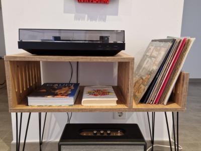 Record player furniture with “hairpin” legs + vinyl storage (Etsy-style)
