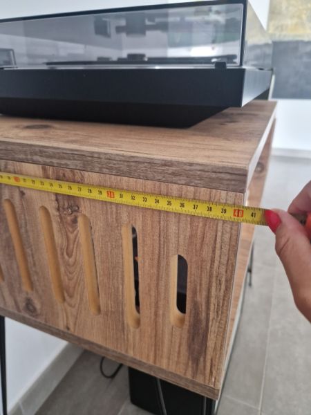 Record player furniture with “hairpin” legs + vinyl storage (Etsy-style)