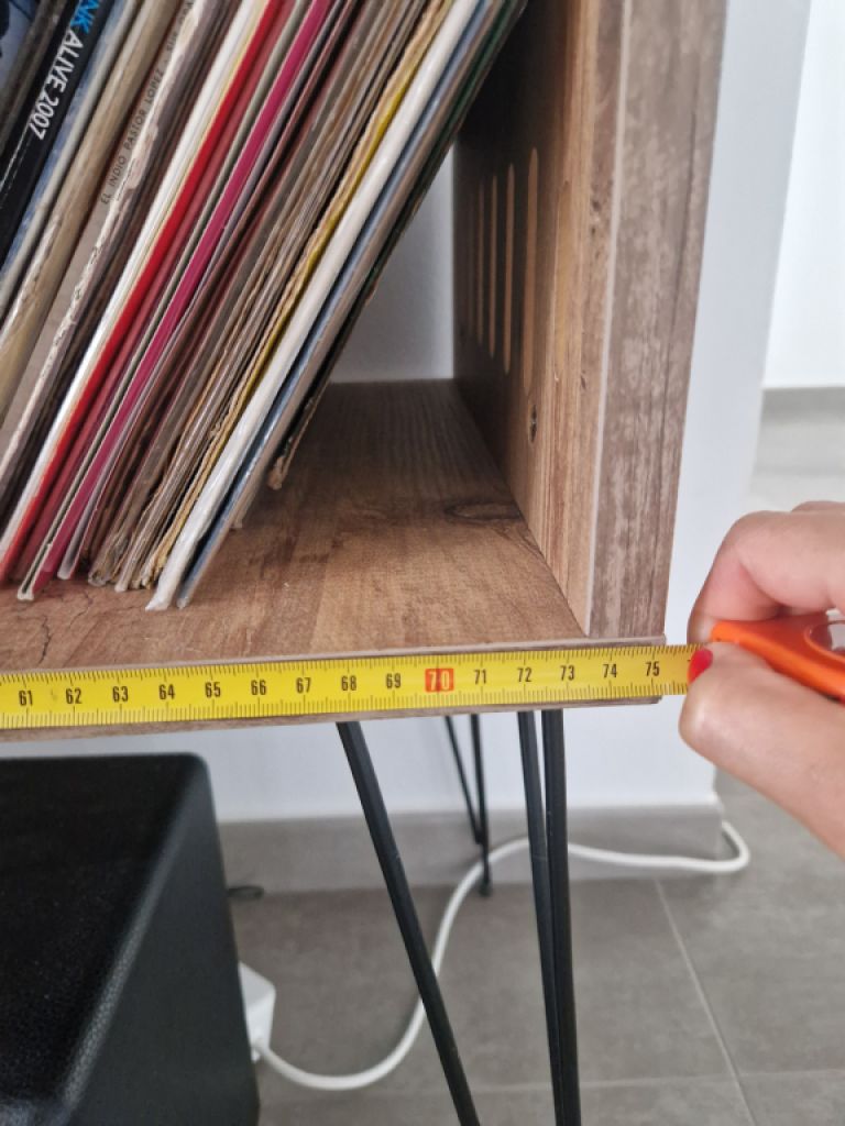 Record player furniture with “hairpin” legs + vinyl storage (Etsy-style)