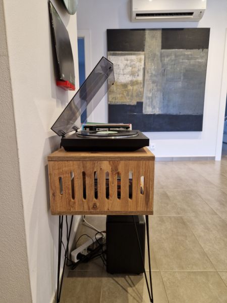 Record player furniture with “hairpin” legs + vinyl storage (Etsy-style)