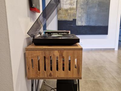 Record player furniture with “hairpin” legs + vinyl storage (Etsy-style)