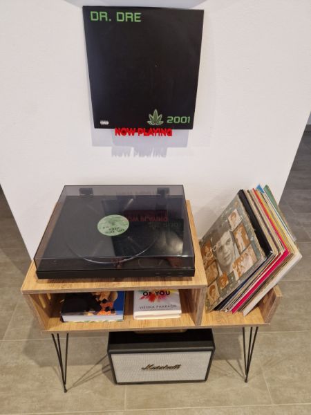 Record player furniture with “hairpin” legs + vinyl storage (Etsy-style)