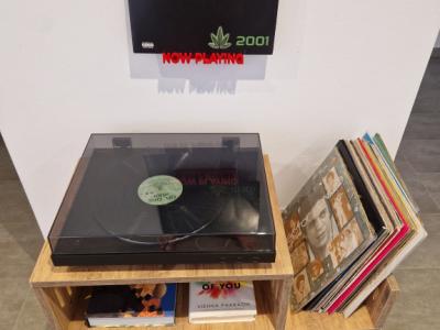 Record player furniture with “hairpin” legs + vinyl storage (Etsy-style)