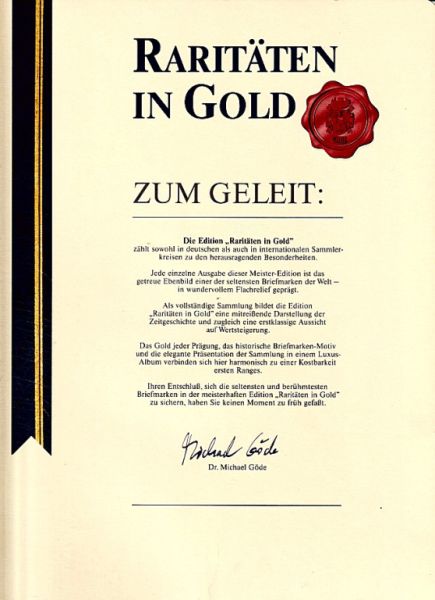Raritäten in Gold, Göde Bayerisches Münzkontor, 2 Alben, 70 Goldbriefmarken, zertifiziert, limitiert