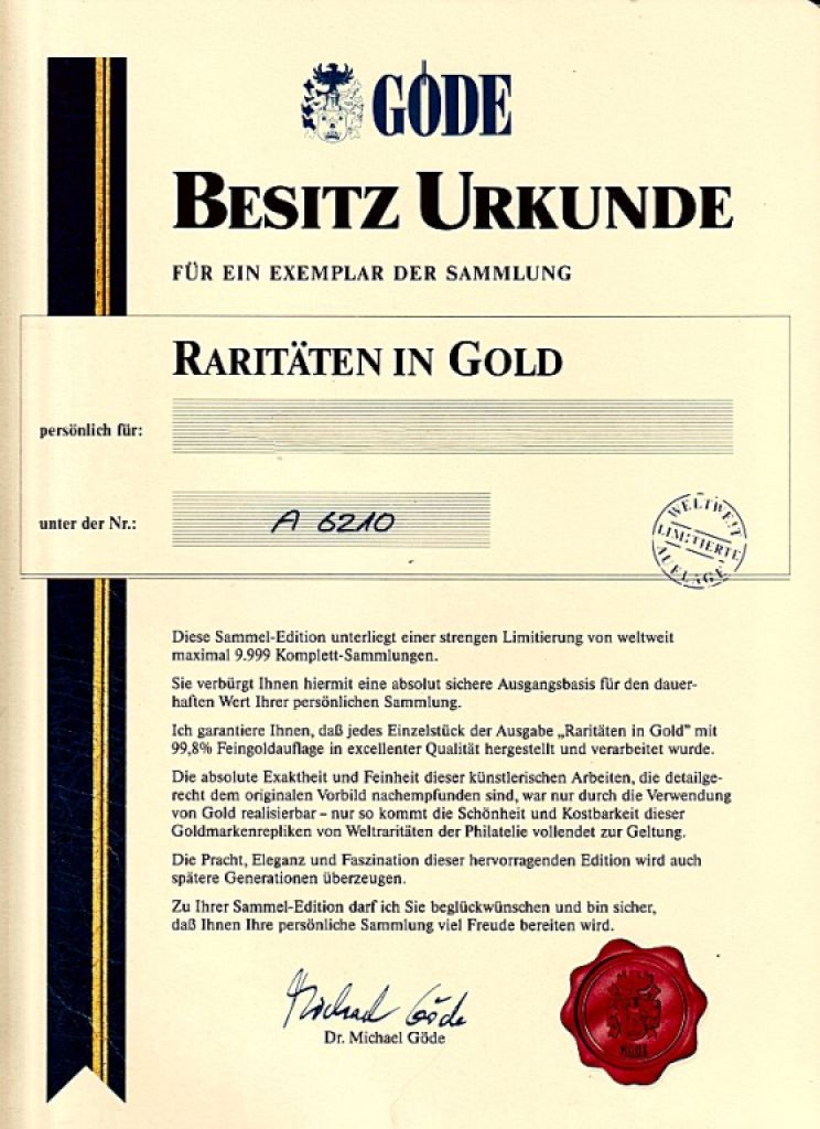 Raritäten in Gold, Göde Bayerisches Münzkontor, 2 Alben, 70 Goldbriefmarken, zertifiziert, limitiert