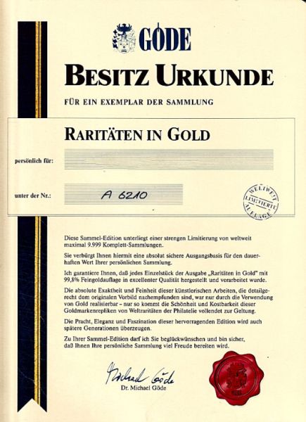 Raritäten in Gold, Göde Bayerisches Münzkontor, 2 Alben, 70 Goldbriefmarken, zertifiziert, limitiert