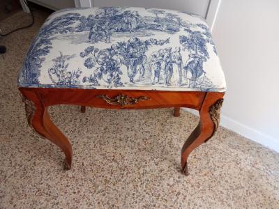 Rococo bench with " toile de jouy " cover. Newly upholstered and upholstered.