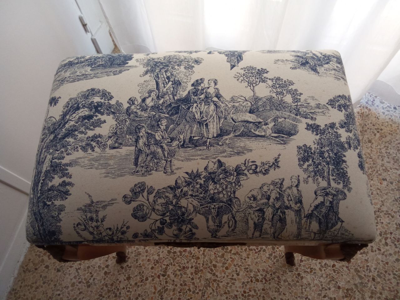 Rococo bench with " toile de jouy " cover. Newly upholstered and upholstered.