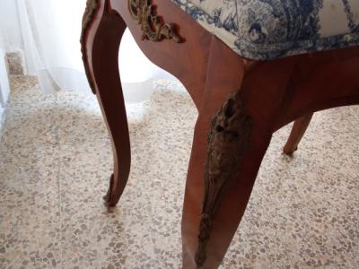 Rococo bench with " toile de jouy " cover. Newly upholstered and upholstered.