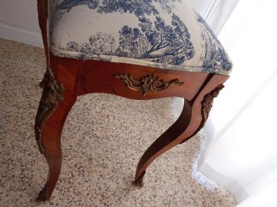 Rococo bench with " toile de jouy " cover. Newly upholstered and upholstered.