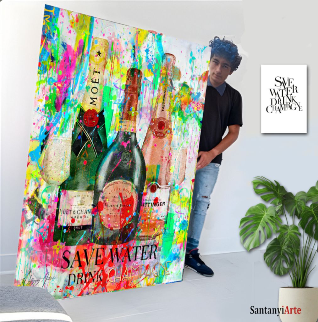 Save water drink Champagne - Kunst auf Leinwand   80x100cm